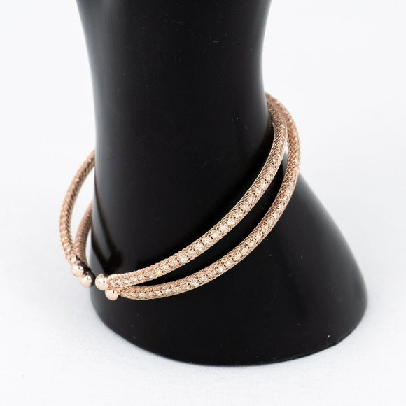 Cuff Bracelet Crossing Rose Gold Tone Mesh Over Rhinestone Memory Wire Flexible - Picture 3 of 4